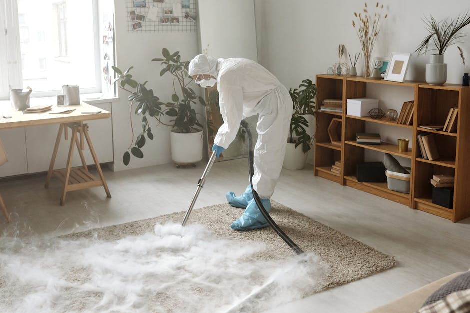 A person with long dreadlocks wearing a beige jumpsuit is performing surface cleaning in a dark room with a grey carpeted floor. They are using a long-handled tool to clean an area of the floor near a